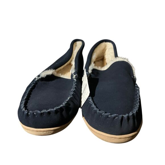 J Crew Mens 12 Slippers Navy Suede Moccasins Fleece Lined Indoor House Cozy Fall - Picture 3 of 8